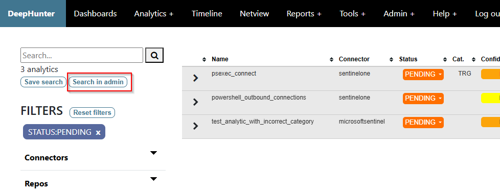 analytics search in admin